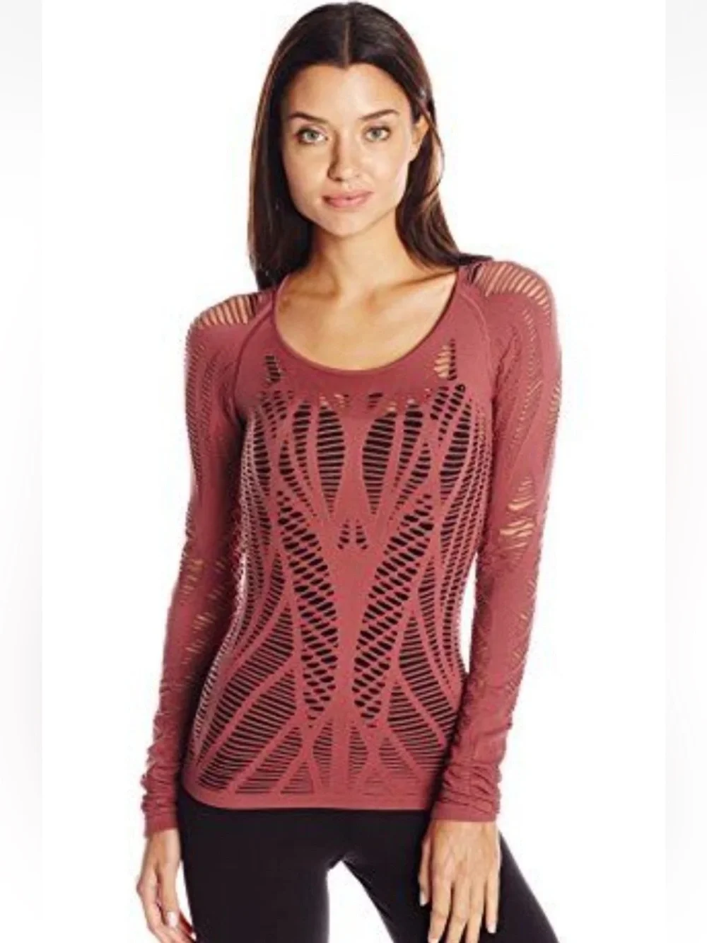 Alo Yoga Wanderer Long Sleeve Women Shirt Top Fishnet Small Amber